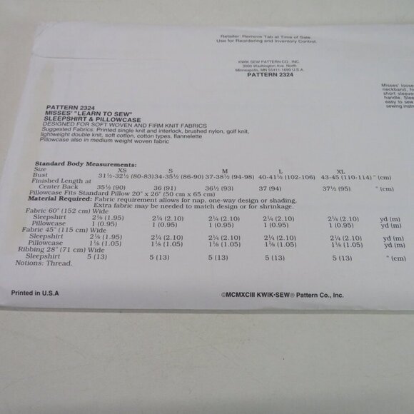 Kwik Sew 2324 sewing pattern sleepshirt, pillowcase EASY UNCUT night - Picture 4 of 5